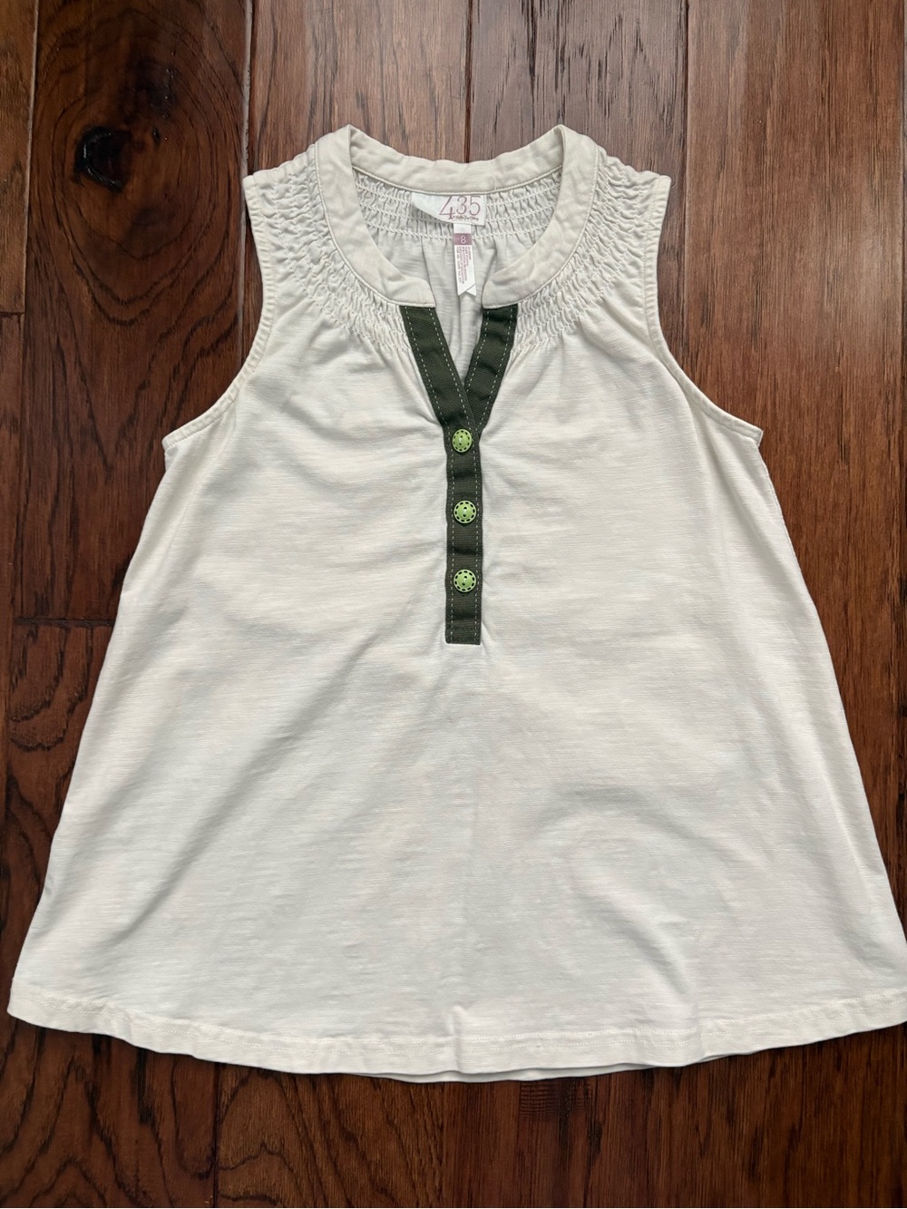 Matilda Jane Cream Sleeveless Top with Olive Green Henley Placket - Size 8